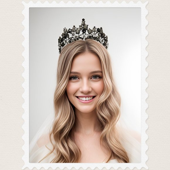 Pearl Bride Crown, Black Crystal Rhinestone Tiara, Princess Wedding Hair Jewelry - Picture 2 of 6